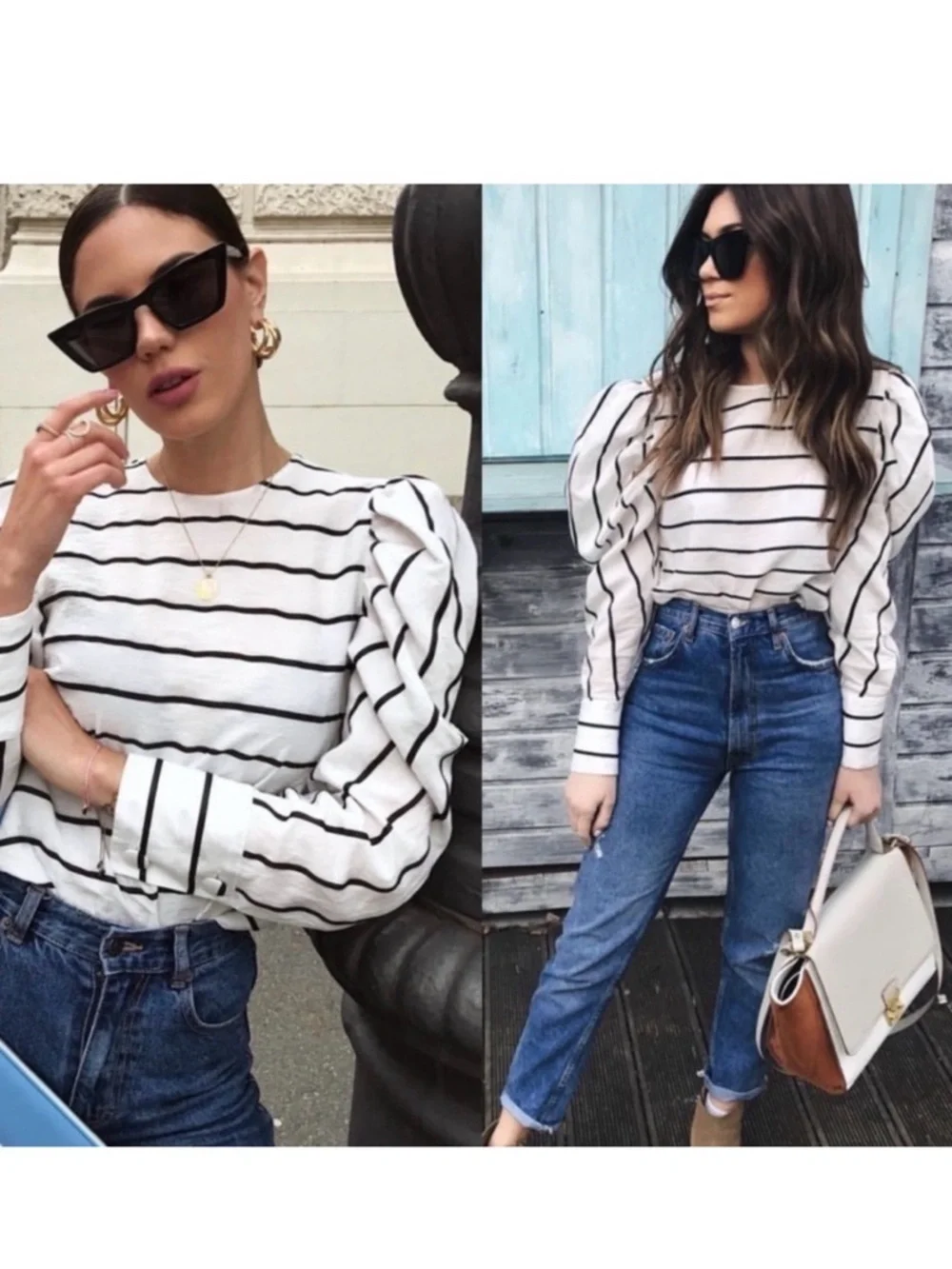 Zara Black White Striped Puff Sleeve Top XS Asymmetric Back